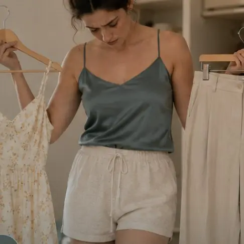Femme hésitant à porter une robe ou un short