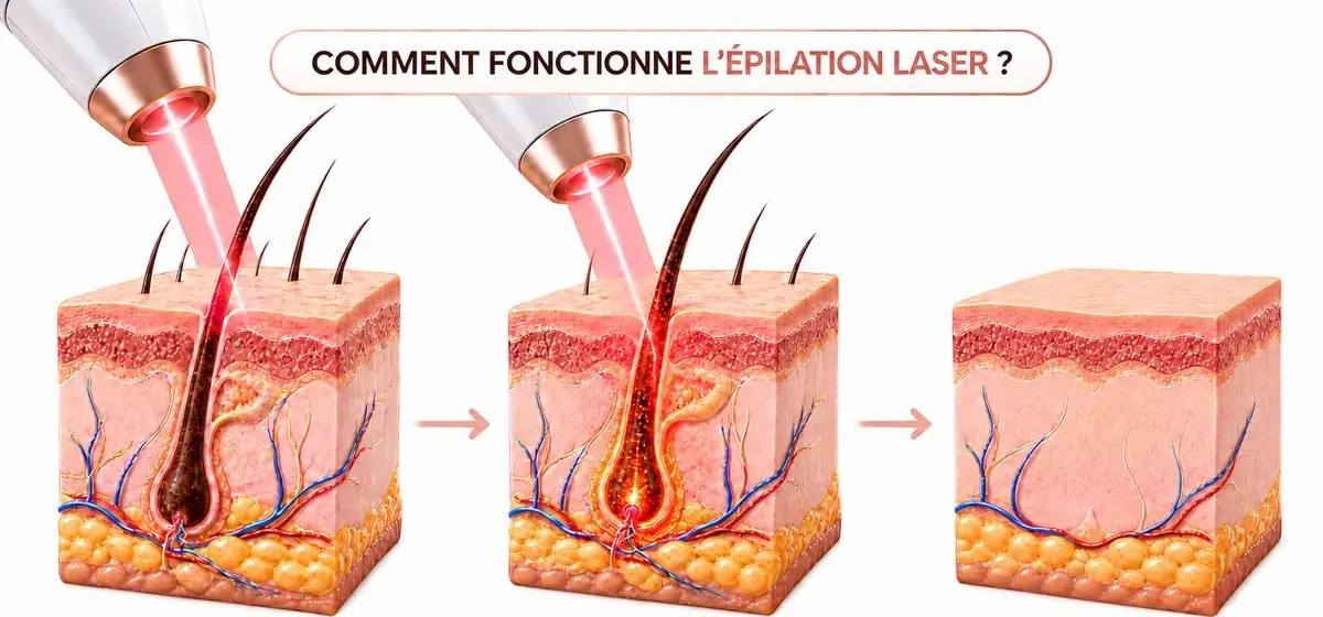 Comment fonctionne l'épilation laser : 1. le laser cible la mélanine, 2. la chaleur atteint le follicule, 3. bulbe et poil détruits