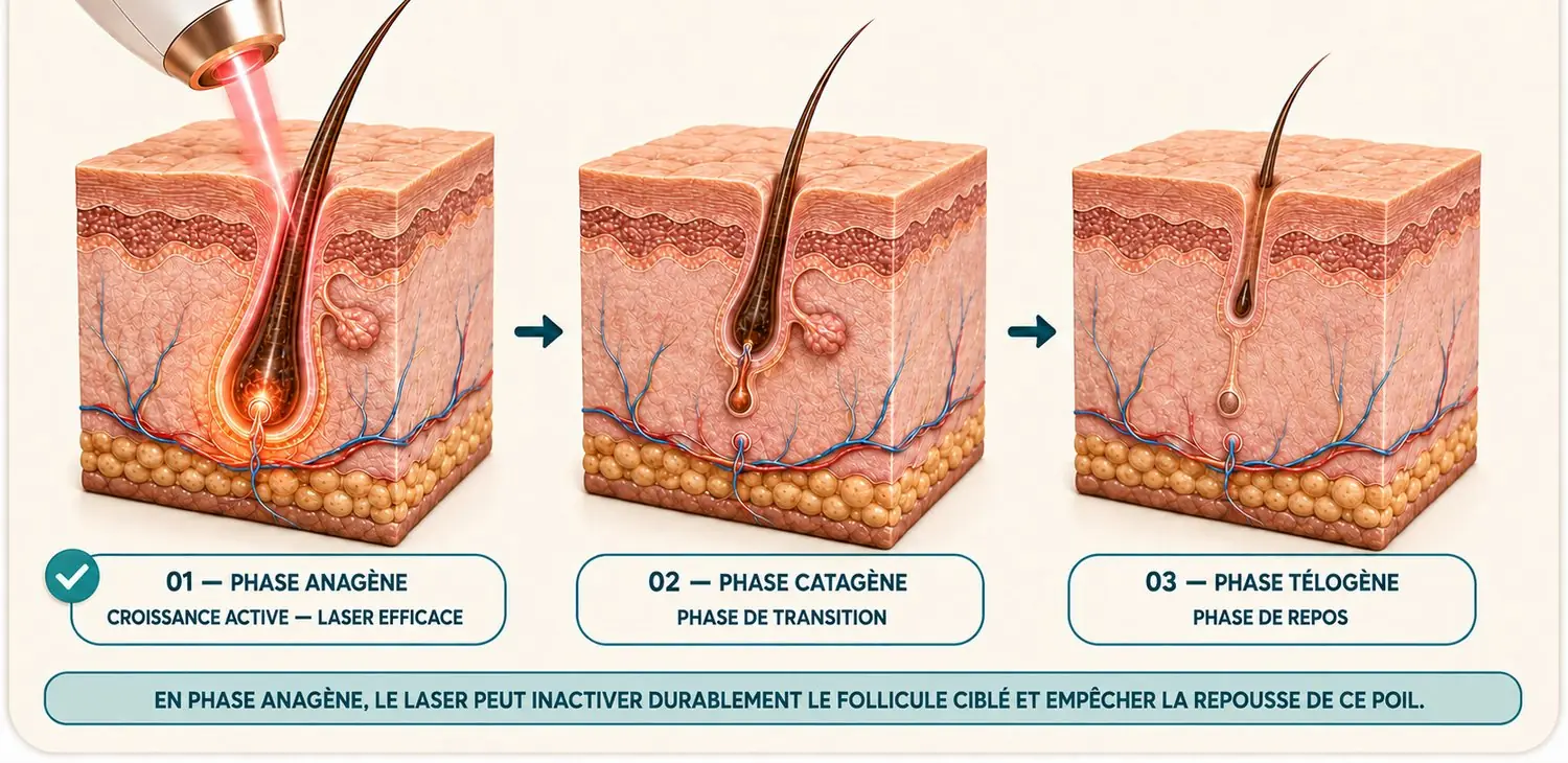 Phases du poil : anagène, catagène, télogène — le laser agit sur le poil en phase de croissance