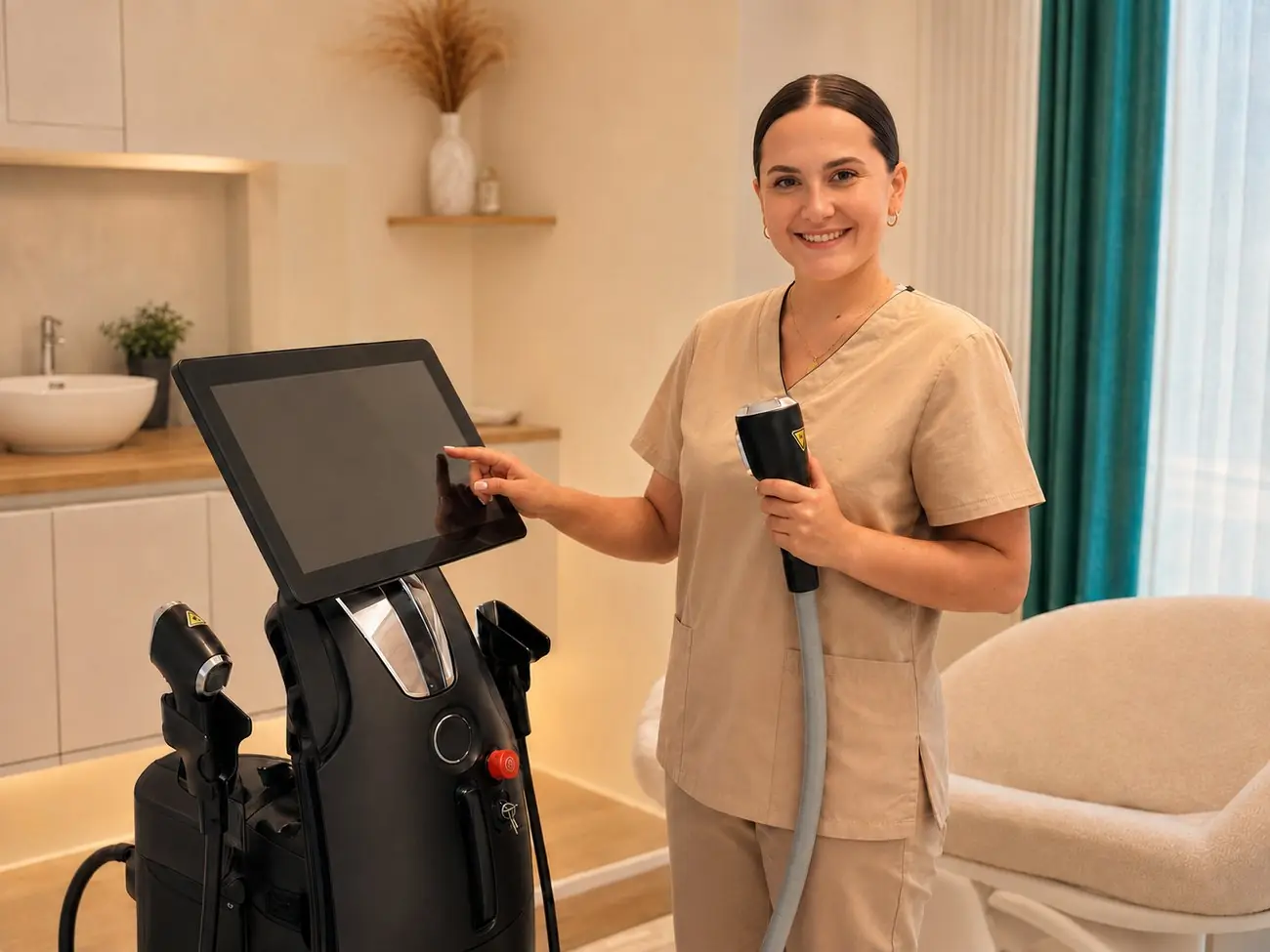 Praticienne réalisant un diagnostic personnalisé avec l'appareil laser à l'institut Diaderm